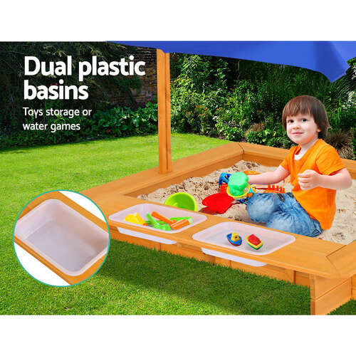 Kids Sandpit Wooden Sandbox Sand Pit with Canopy Water Basin Toys 103cm