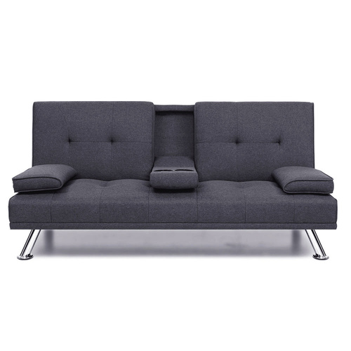 Tonyrefail Linen Fabric 3 Seater Sofa Bed Recliner Lounge Couch Cup Holder Futon Dark Grey