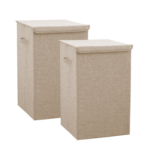 2X Beige Medium Collapsible Laundry Hamper Storage Box Foldable Canvas Basket Home Organiser Decor
