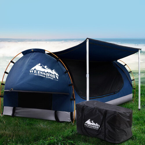 Double Swag Camping Swags Canvas Free Standing Dome Tent Dark Blue with 7CM Mattress