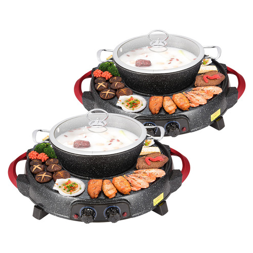 2X 2 in 1 Electric Stone Coated Teppanyaki Grill Plate Steamboat Hotpot