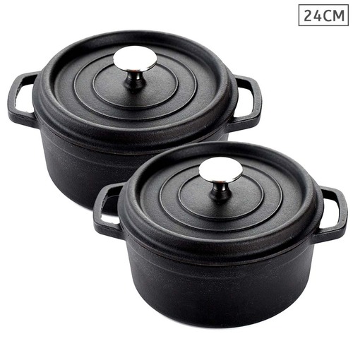 2X Cast Iron 24cm Stewpot Casserole Stew Cooking Pot With Lid Black