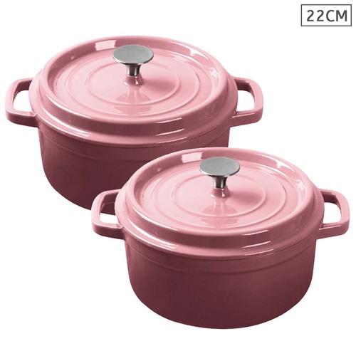 2X Cast Iron 22cm Enamel Porcelain Stewpot Casserole Stew Cooking Pot With Lid Pink