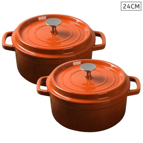 2X Cast Iron 24cm Enamel Porcelain Stewpot Casserole Stew Cooking Pot With Lid Orange