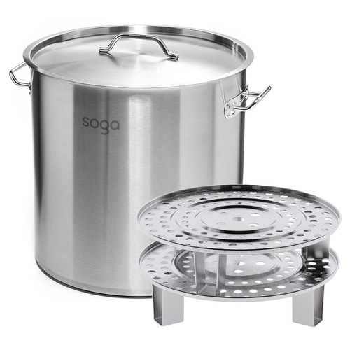 30cm Stainless Steel Stock Pot with Two Steamer Rack Insert Stockpot Tray