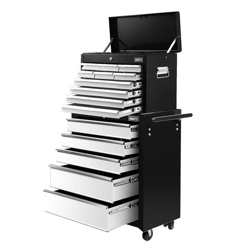 15 Drawers Tool Chest Trolley Toolbox 2-in-1 Storage Black& Grey