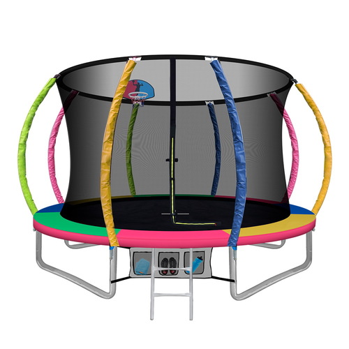 10FT Trampoline Round Trampolines With Basketball Hoop Kids Present Gift Enclosure Safety Net Pad Outdoor Multi-coloured