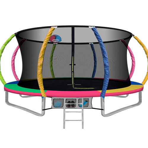 14FT Trampoline Round Trampolines With Basketball Hoop Kids Present Gift Enclosure Safety Net Pad Outdoor Multi-coloured