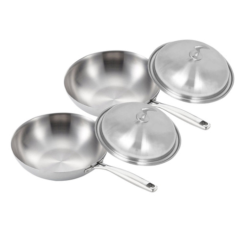  2X 18/10 Stainless Steel Fry Pan 32cm Frying Pan Top Grade Cooking Skillet with Lid