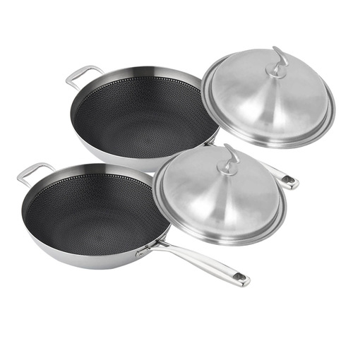  2X 18/10 Stainless Steel Fry Pan 34cm Frying Pan Top Grade Textured Non Stick Interior Skillet with Helper Handle and Lid