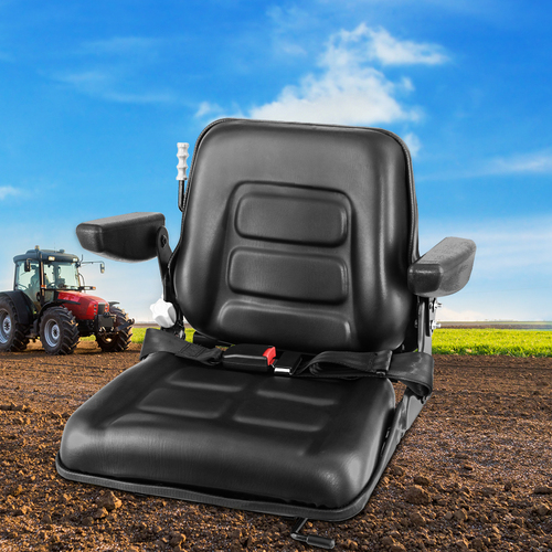 Tractor Seat with Armrest Forklift Excavator Bulldozer Universal Suspension Backrest Truck Chair black