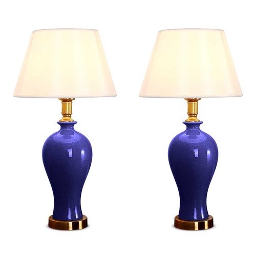 2x Blue Ceramic Oval Table Lamp with Gold Metal Base