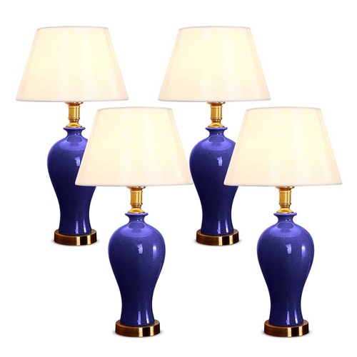 4x Blue Ceramic Oval Table Lamp with Gold Metal Base