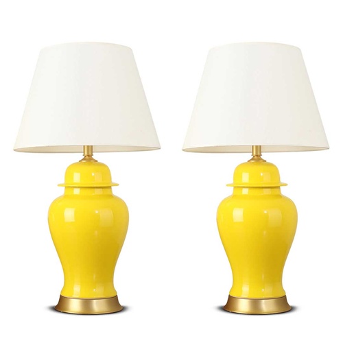2x Oval Ceramic Table Lamp with Gold Metal Base Desk Lamp Yellow