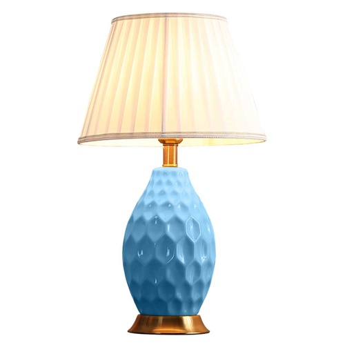 Textured Ceramic Oval Table Lamp with Gold Metal Base Blue