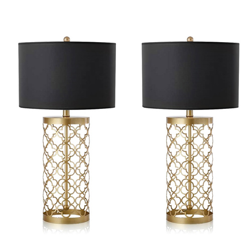 2x Golden Hollowed Out Base Table Lamp with Dark Shade