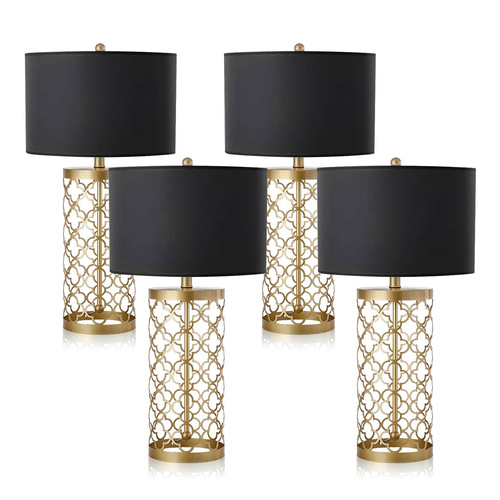 4x Golden Hollowed Out Base Table Lamp with Dark Shade