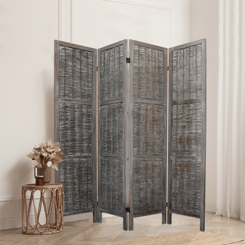 4 Panels Room Divider Screen Privacy Rattan Timber Fold Woven Grey