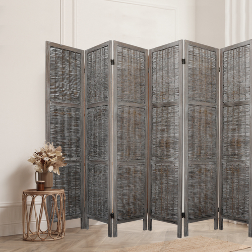 6 Panels Room Divider Screen Privacy Rattan Timber Fold Woven Grey