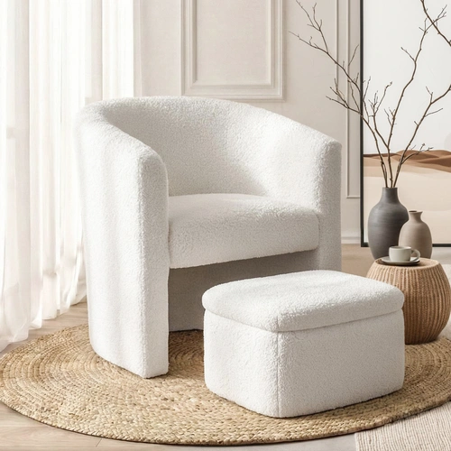 Armchair Accent Chair w/Ottoman Lounge Footrest Storage Boucle White