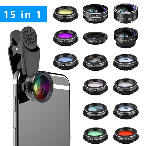 15-in-1 kit with multiple special effects functions, compatible with iPhone and Android smartphones. Includes: 198 fisheye, 0.63x wide angle, 15x macr