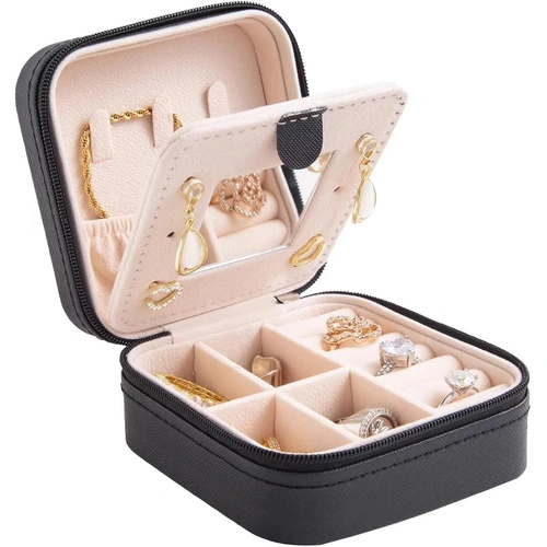 Black Travel Jewelry Box with Mirror: Sleek, Organised Storage for Rings, Necklaces & Earrings, Ideal for Aussies
