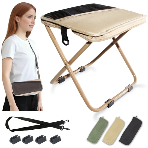 Khaki Portable Folding Chair – Compact Outdoor Stool for Camping, Fishing & Hiking | Lightweight Collapsible Seat with Carry Bag | Durable Steel Frame