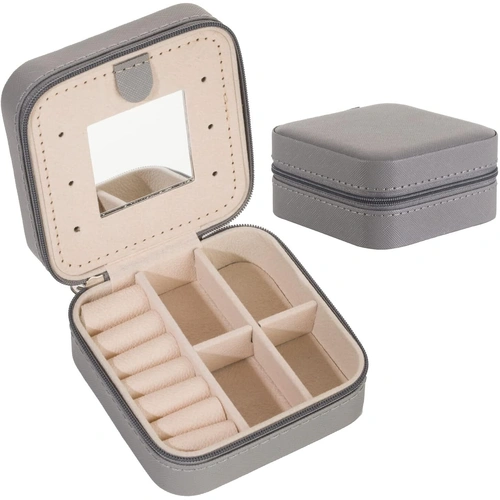 Grey Travel Jewelry Box with Mirror: Chic, Organised Storage for Rings, Necklaces & Earrings, Ideal for Aussies