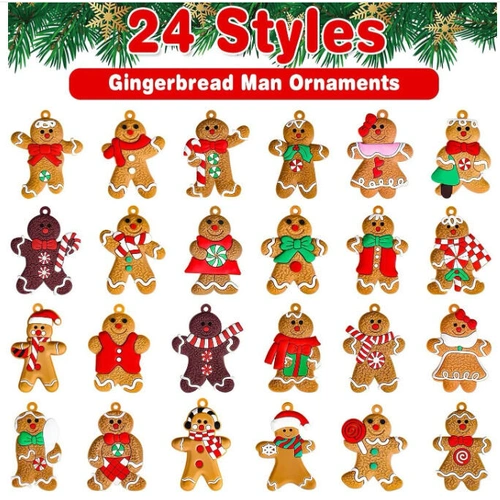 24pcs Christmas Ornaments Cute Snowman Xmas Tree Decorations Santa Claus Plastic Figurines Ornaments with Sugar Cookie House for Christmas Tree Hangin