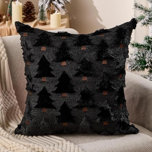 Christmas Pillow Covers 18x18 inch Set of 2 Black Christmas Decorations Soft Plush Faux Fur Wool Xmas Tree Throw Pillow Cases Winter Holiday Decor for