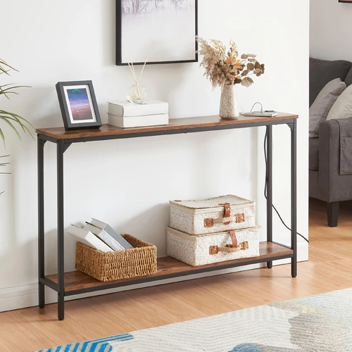 2 Tier Console Table with Power Outlets and USB Ports, Wood Entryway Table with Charging Station & Storage Shelf, Narrow 2-Tier Sofa Table for Living 
