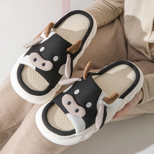 Unisex Cow Cartoon Linen Slippers: EVA Thick Sole Non-Slip Beach Sandals for Couples & Parent-Child, 7 Styles(black-35-36)