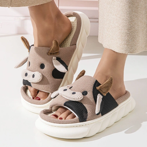 Unisex Cow Cartoon Linen Slippers: EVA Thick Sole Non-Slip Beach Sandals for Couples & Parent-Child, 7 Styles(coffee brown-39-40)