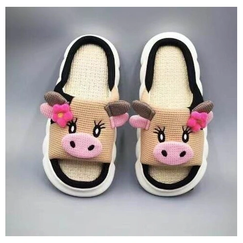 Unisex Cow Cartoon Linen Slippers: EVA Thick Sole Non-Slip Beach Sandals for Couples & Parent-Child, 7 Styles(khaki-37-38)