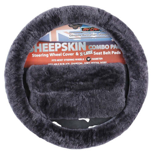 Sheepskin Steering Wheel Cover & Seat Belt Pads Combo Luxury - Charcoal