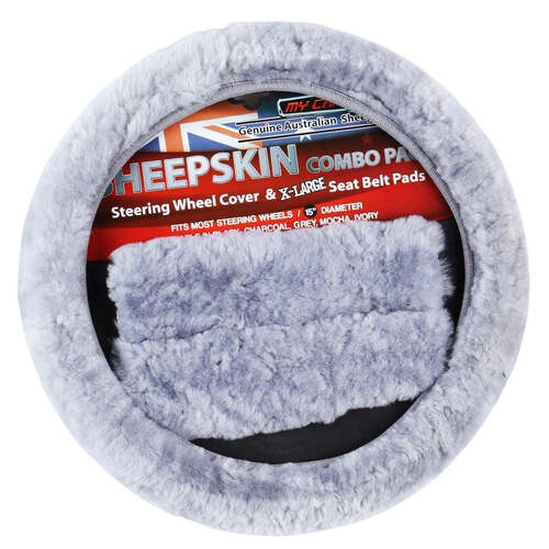 Sheepskin Steering Wheel Cover & Seat Belt Pads Combo Luxury - Grey