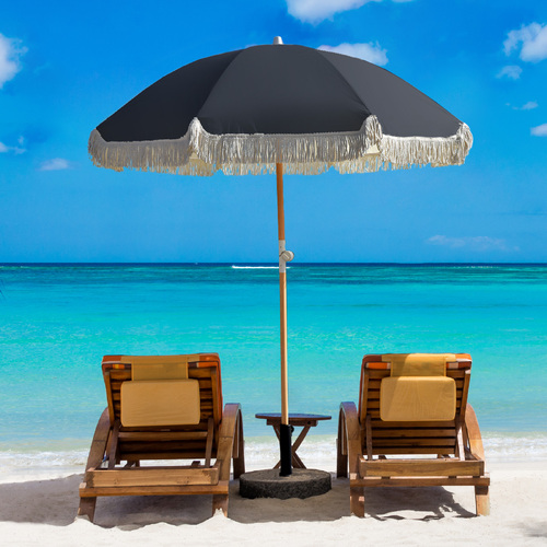 Havana Outdoors Beach Umbrella Portable 2 Metre Fringed Garden Sun Shade Shelter - Black