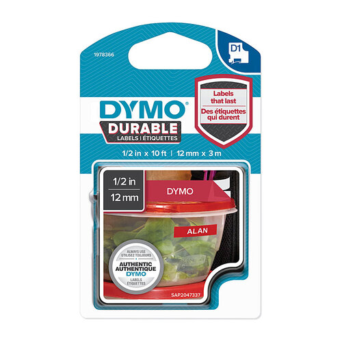 DYMO Dur White on Red 12mm x 3m