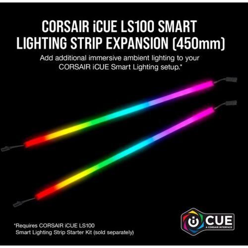 CORSAIR iCUE LS100 Smart Lighting Strip Expansion Kit 2x 450mm Addressable LED Strip, RGB Ext Cable, Adhesive Tape, Cable Clip s