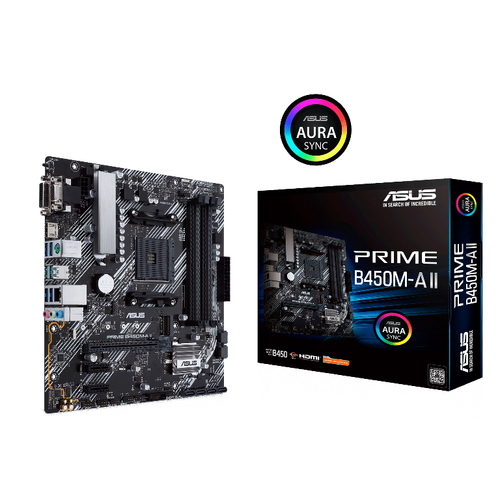 ASUS PRIME B450M-A II AMD Micro ATX motherboard with M.2 support, HDMI/DVI-D/D-Sub, SATA 6 Gbps, 1 Gb Ethernet USB 3.2 Gen 2 Type-A BIOS FlashBack RGB
