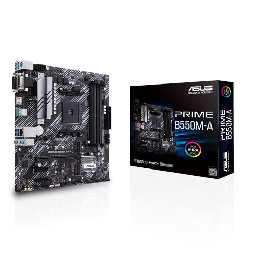 ASUS AMD B550 PRIME B550M-A (Ryzen AM4) mATX MB, Dual M.2, PCIe 4.0, 1Gb Ethernet, HDMI/D-Sub/DVI, SATA 6Gbps, USB 3.2 Gen 2 A, Aura Sync RGB