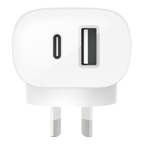 BELKIN BOOST CHARGE Dual Wall Charger with PPS 37W - White (WCB007auWH), Two device charging: USB C + USB A can charge two phones at the same time