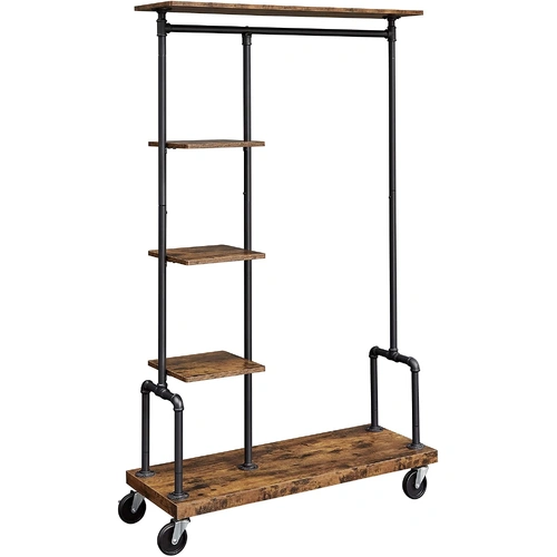 Clothing Garment Rack on Wheels with 5-Tier, Industrial Pipe Style, Rustic Brown