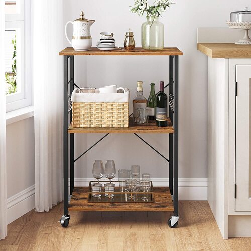 Kitchen Baker's Rack,  3-Tier Serving Cart with Metal Frame and 6 Hooks, Rustic Brown