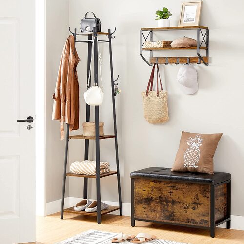 Coat Rack with 3 Shelves with Hooks Rustic Brown and Black 