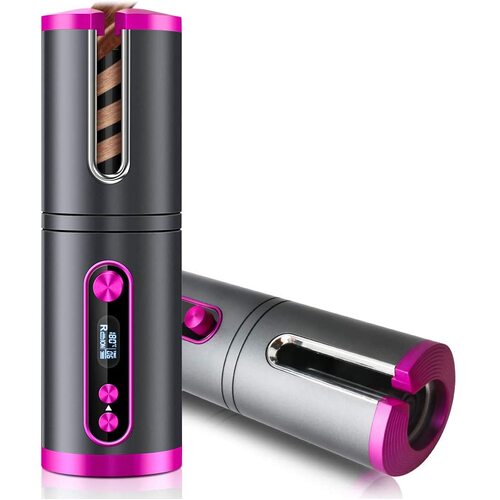 Portable Wireless Automatic Hair Curler for Travel with LED Temperature Display, Timer and USB Rechargeable (Pink) 