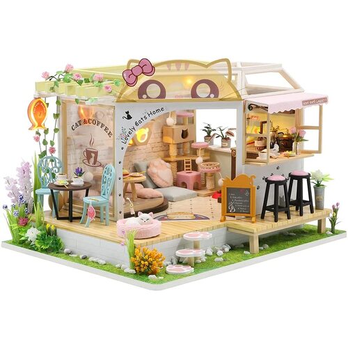 Dollhouse Miniature with Furniture Kit Plus Dust Proof and Music Movement - Cat Coffee (Valentine's Day Gift Idea)
