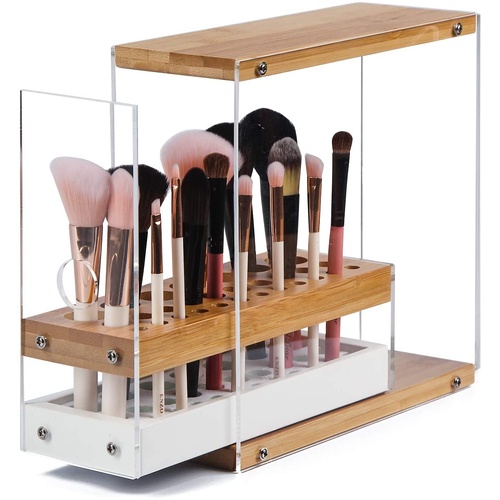 31 Holes Acrylic Bamboo Brush Holder Organiser Beauty Cosmetic Display Stand with Leather Drawer White (22.3 x 8.6 x 21.5 cm)