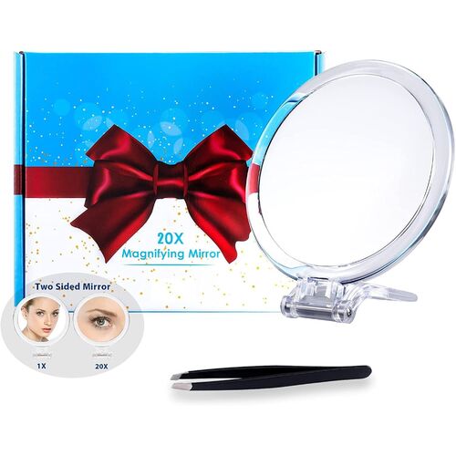 20X Magnifying Hand Mirror Two Sided Use for Makeup Application, Tweezing, and Blackhead/Blemish Removal (15 cm)