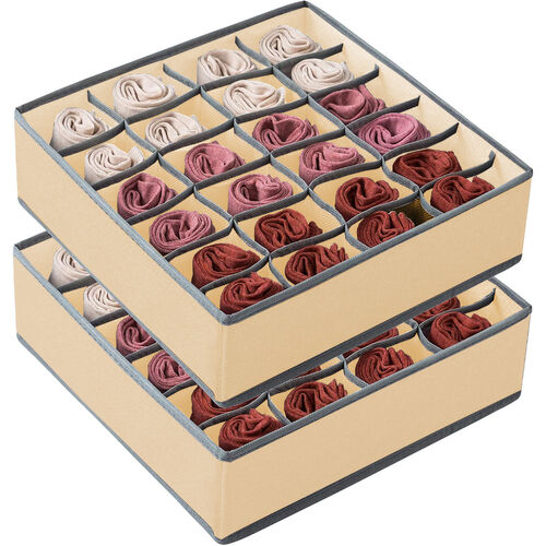 Set of 2 Fabric Drawer Organizer Divider Storage Boxes for Storing Socks, Underwear, Ties, Scarves (Beige)